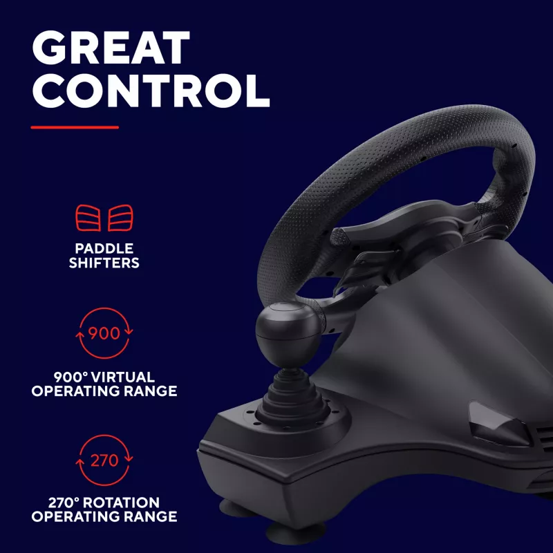 Trust GXT 289 Movi Black vairas su pedalais, USB, juodas, Nintendo Switch, PlayStation 4, Xbox One S/X, Xbox Series S/X