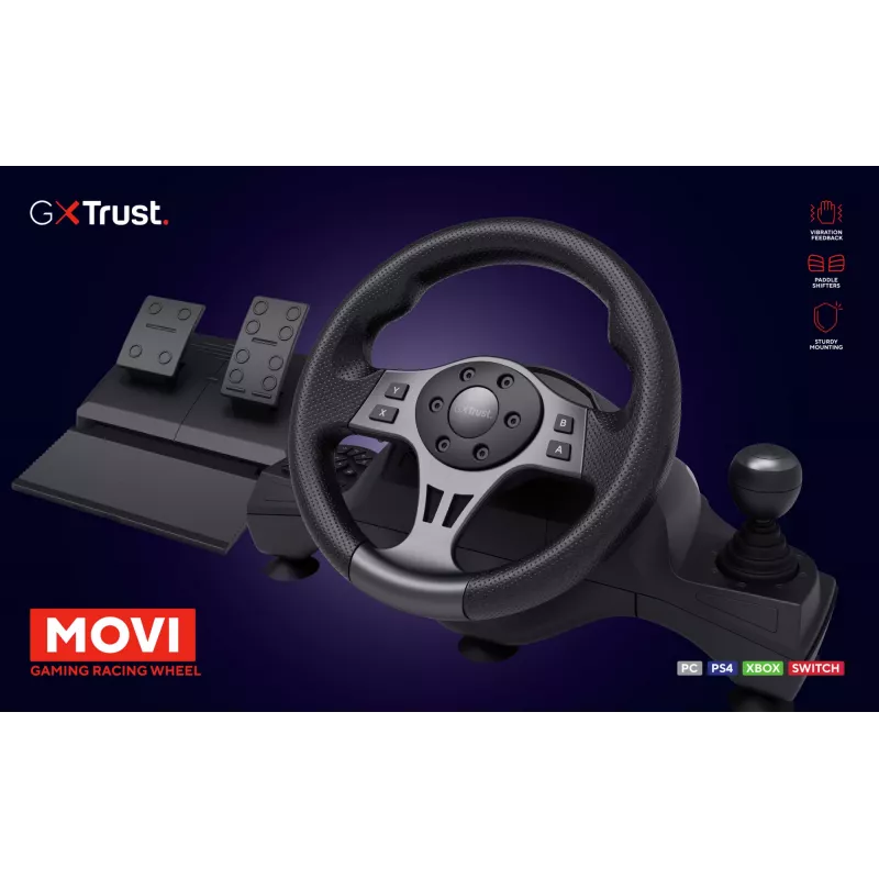 Trust GXT 289 Movi Black vairas su pedalais, USB, juodas, Nintendo Switch, PlayStation 4, Xbox One S/X, Xbox Series S/X