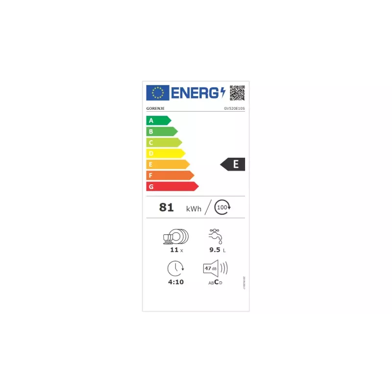 Indaplovė Gorenje GV520E10S, siaura 45 cm, 11 komplektų, 47 dB, nerūdijančio plieno bakas, AquaStop