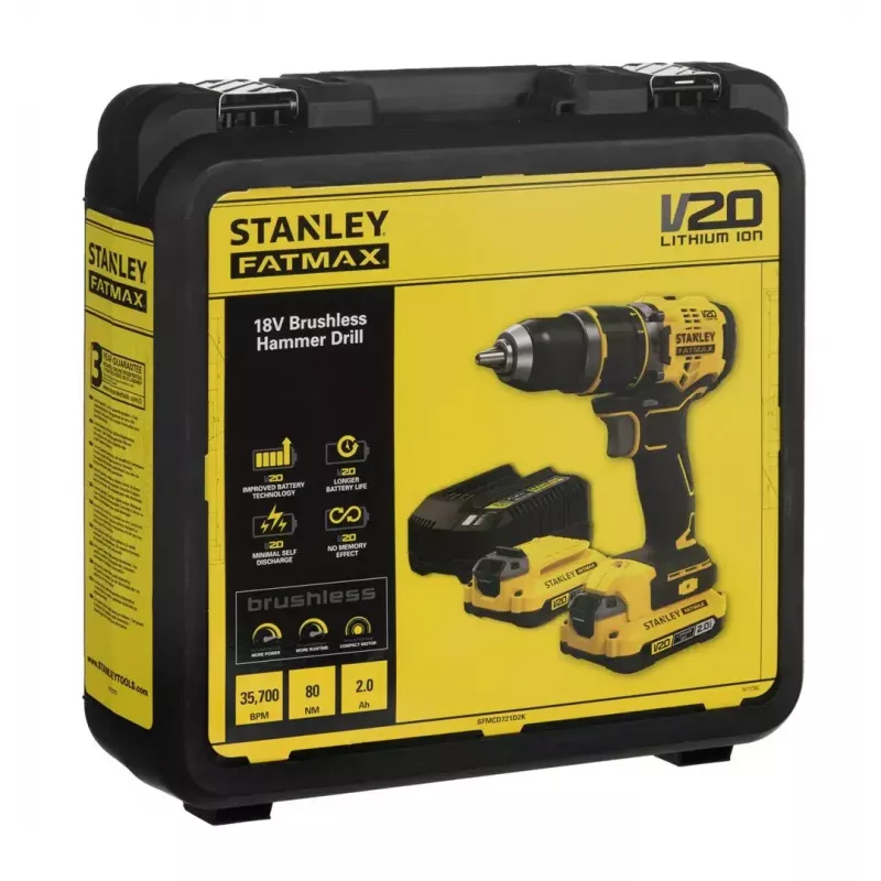 Belaidis gręžtuvas-suktuvas STANLEY FMCD721D2K 18V, 2 x 2Ah Li-Ion, 2100 RPM, 35700 smūgių/min, su įkrovikliu ir dėklu