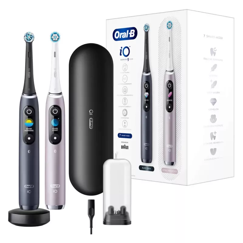 Elektrinis dantų šepetėlis Oral-B iO 9 suaugusiems, besisukantis, 2 rankenos, 2 šepetėlių galvutės, įmontuota baterija, 3 h įkrovimas, juoda/rožinė