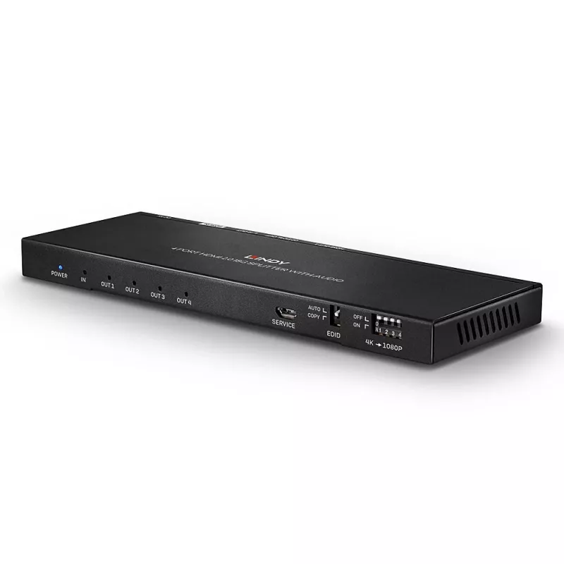 Lindy 4 prievadų HDMI 18G skirstytuvas su garsu ir raiškos mažinimu
