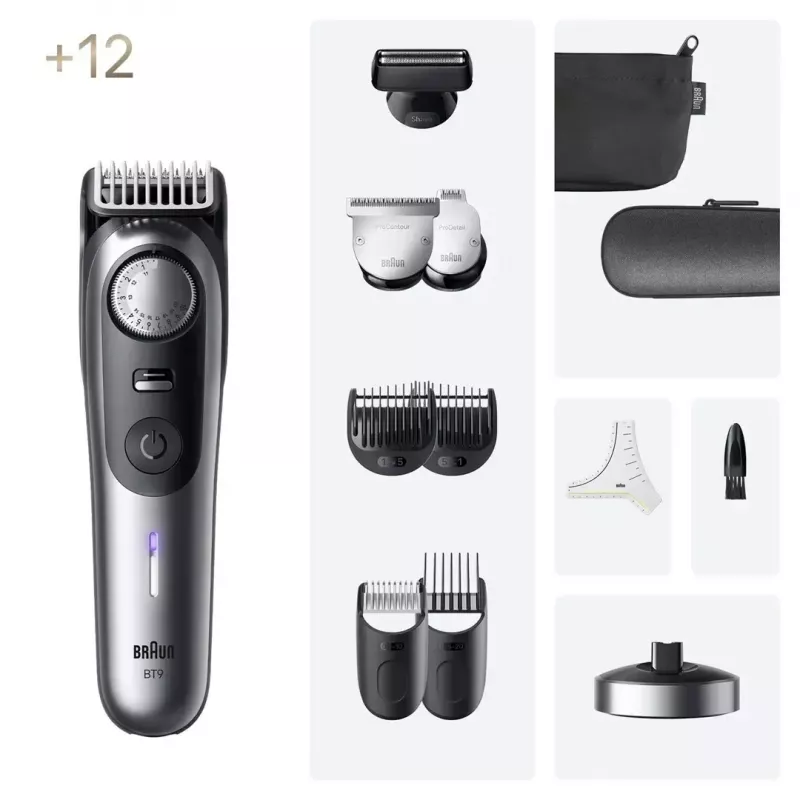 Braun BeardTrimmer 9 BT9560 Belaidis 52 2 cm Šlapias ir Sausas Juoda, Pilka