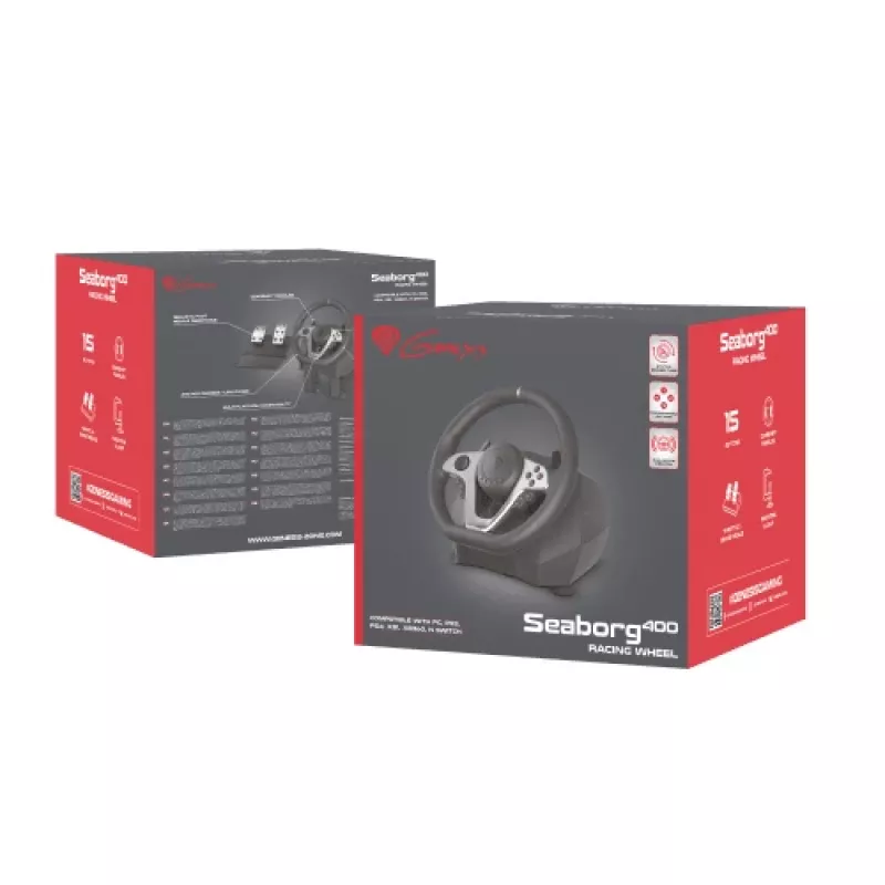 GENESIS Seaborg 400 Juodas, Sidabrinis USB Vairas su Pedalais, Nintendo Switch, PC, PlayStation 4, PlayStation 3, Xbox 360, Xbox One, Xbox One S, Xbox One X