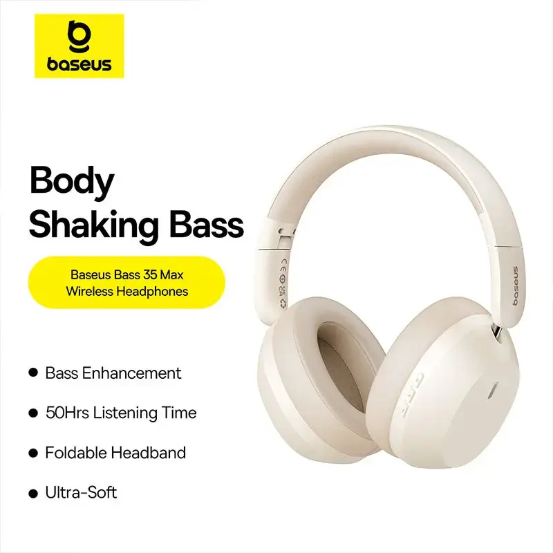 Ausinės Baseus Bass 35 Max – belaidės Bluetooth, ant galvos, uždengiančios ausis, USB Type-C, 20–20000 Hz, 10 m, balta