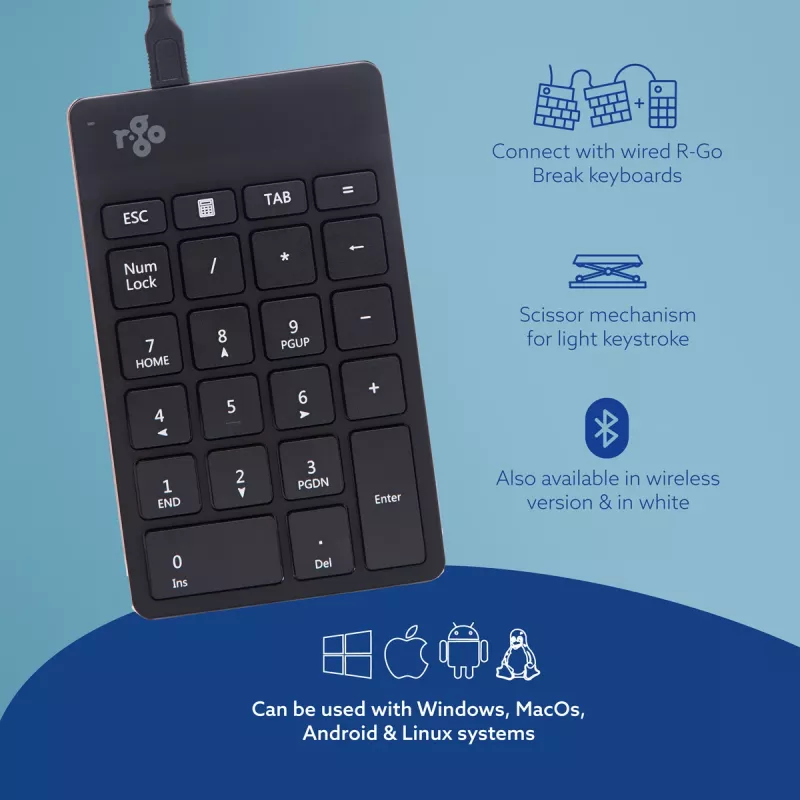 R-Go Tools Skaitmeninis klavišų blokas R-Go Numpad Break, ergonominis skaičių blokas su pertraukų programine įranga, laidinis, juodas