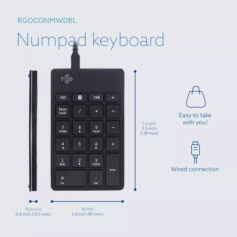 R-Go Tools Skaitmeninis klavišų blokas R-Go Numpad Break, ergonominis skaičių blokas su pertraukų programine įranga, laidinis, juodas