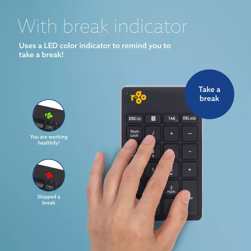 R-Go Tools Numpad Break, ergonominis skaitmeninis blokas su pertraukų programine įranga, Bluetooth, juodas