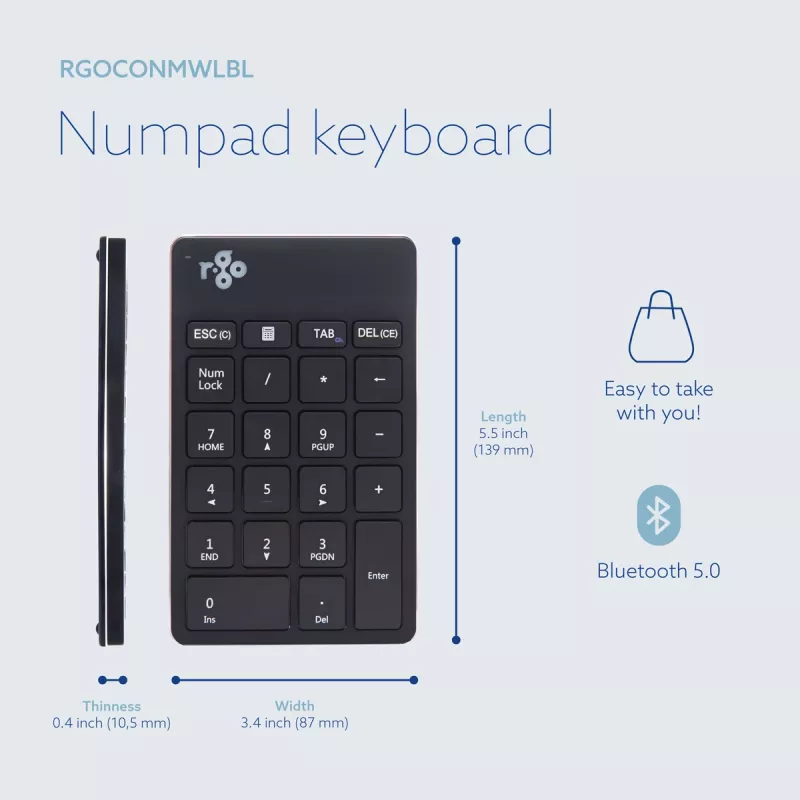 R-Go Tools Numpad Break, ergonominis skaitmeninis blokas su pertraukų programine įranga, Bluetooth, juodas