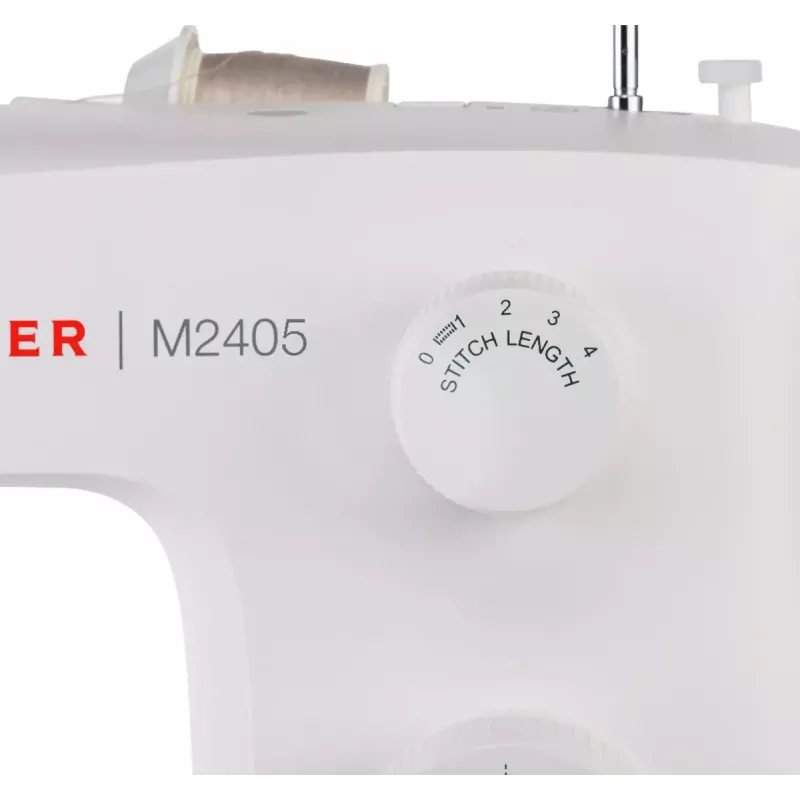 Pusiau automatinė siuvimo mašina SINGER M2405 – mechaninė, 11 programų, 8 siūlių raštai, 70 W, balta