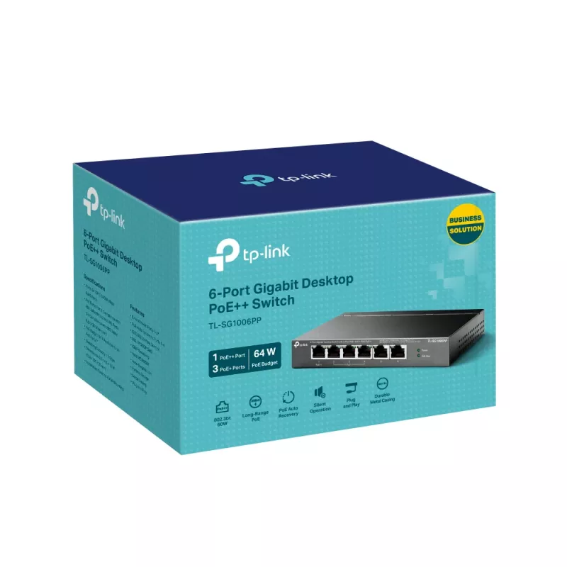 TP-Link TL-SG1006PP 6 prievadų Gigabit darbalaukio jungiklis su 3 PoE+ ir 1 PoE++ prievadais