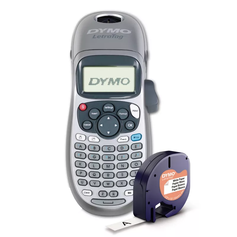 DYMO LetraTag LT-100H nešiojamas etikečių spausdintuvas su ABC klaviatūra ir LCD ekranu, sidabrinis