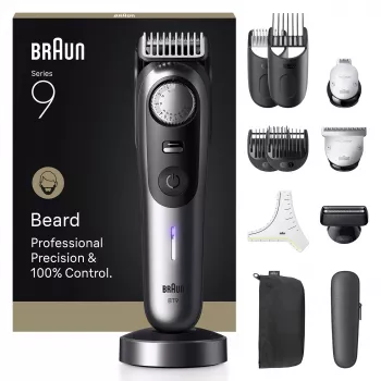 Braun BeardTrimmer 9 BT9560 barzdos kirpimo mašinėlė, baterija, 52 mm, 2 cm, šlapias ir sausas, juoda, sidabrinė