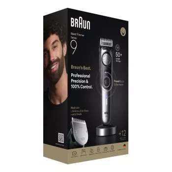Braun BeardTrimmer 9 BT9560 barzdos kirpimo mašinėlė, baterija, 52 mm, 2 cm, šlapias ir sausas, juoda, sidabrinė