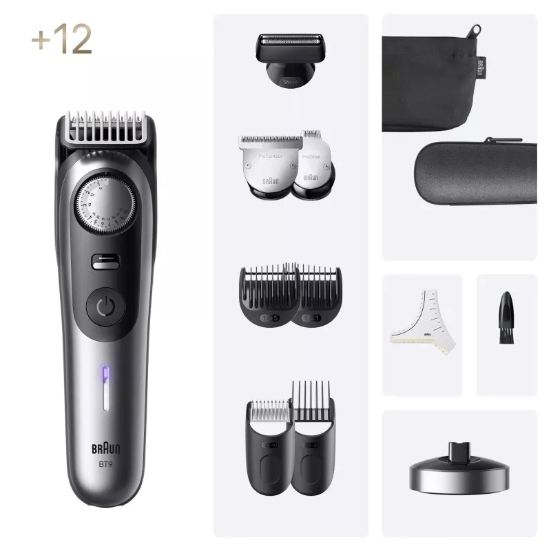 Braun BeardTrimmer 9 BT9560 barzdos kirpimo mašinėlė, baterija, 52 mm, 2 cm, šlapias ir sausas, juoda, sidabrinė