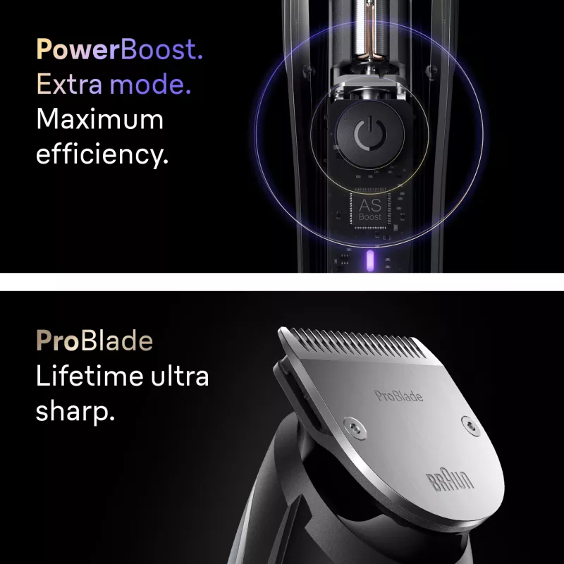 Braun BeardTrimmer 9 BT9560 barzdos kirpimo mašinėlė, baterija, 52 mm, 2 cm, šlapias ir sausas, juoda, sidabrinė