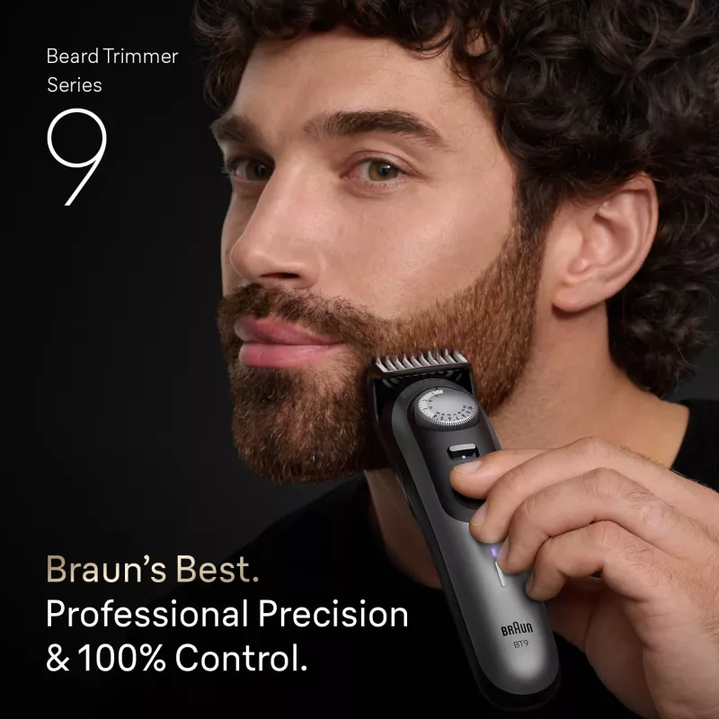 Braun BeardTrimmer 9 BT9560 barzdos kirpimo mašinėlė, baterija, 52 mm, 2 cm, šlapias ir sausas, juoda, sidabrinė
