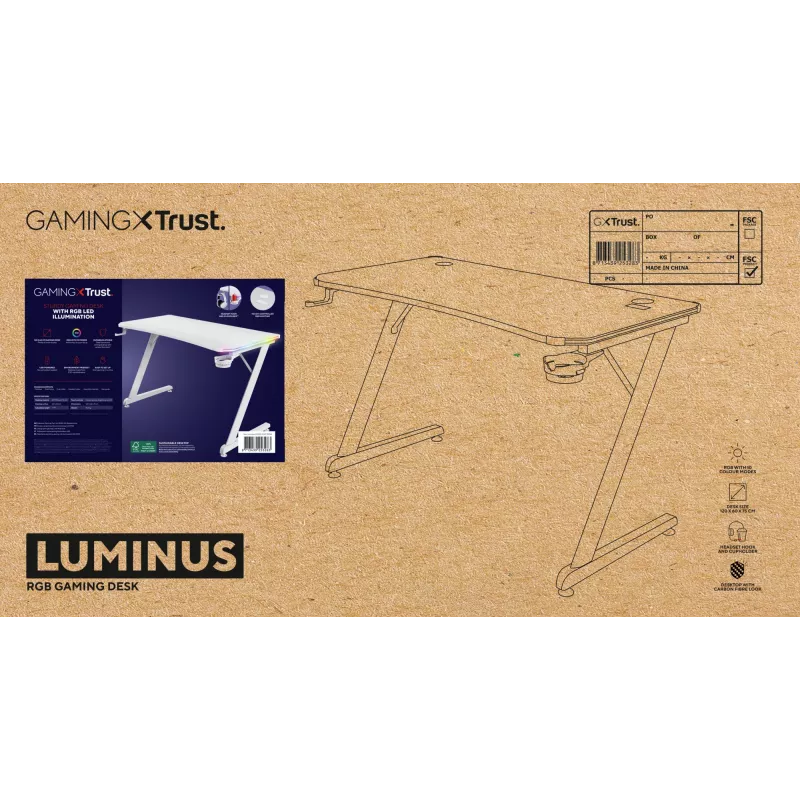 Trust GXT 709W LUMINUS Baltas žaidimų stalas su RGB apšvietimu