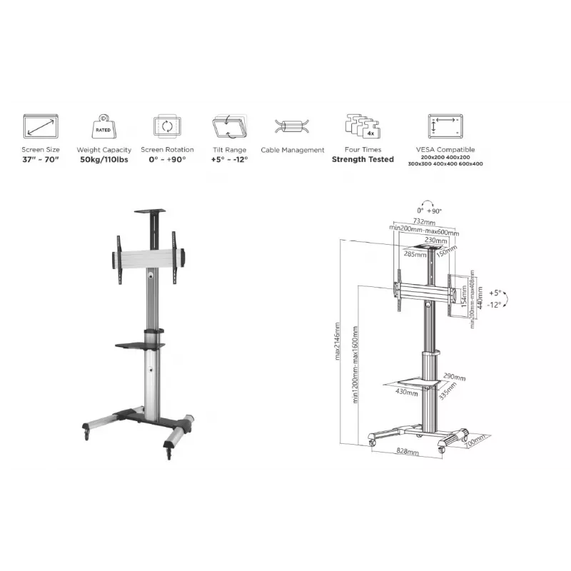 Equip 650602 LFD ekrano vežimėlis 37–70 colių (94–177,8 cm), pasukimas 90°, maks. VESA 600 x 400 mm, 50 kg, aliuminis, juodas, baltas