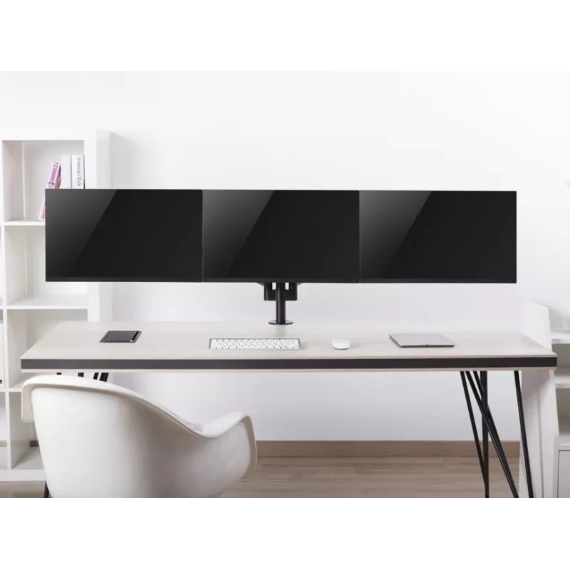 Equip trijų monitorių laikiklis ant stalo 17-27 col., spaustuvinis, 21 kg, VESA 75x75/100x100 mm, aukščio reguliavimas, juodas