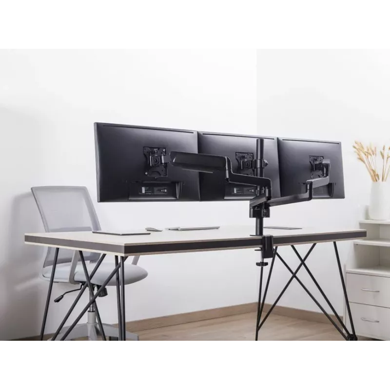 Equip trijų monitorių laikiklis ant stalo 17-27 col., spaustuvinis, 21 kg, VESA 75x75/100x100 mm, aukščio reguliavimas, juodas