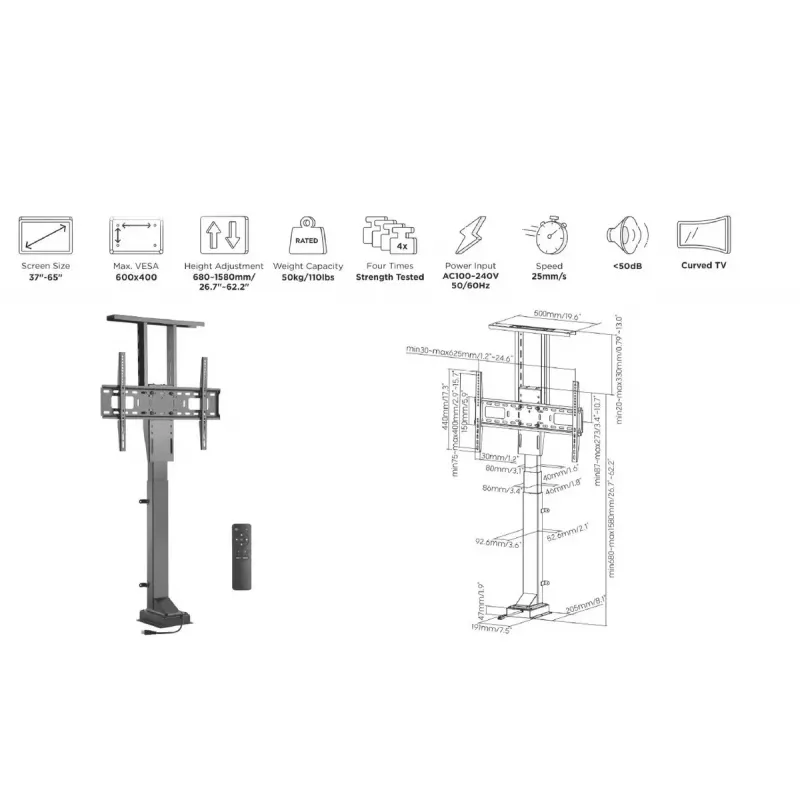 Equip motorizuotas TV stovas su nuotolinio valdymo pultu 37-65 colių