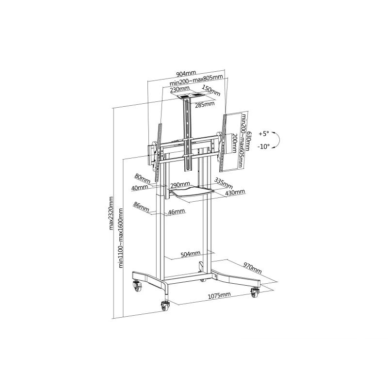 Equip 55–100 colių mobilus motorizuotas LFD vežimėlis, 2,54 m (100 colių), 200 x 200 mm, 800 x 600 mm, -10 – 5°, aliuminis, plastikas, nerūdijantis plienas, juoda