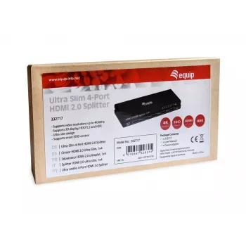 Equip Ultra Slim 4 prievadų HDMI 2.0 skirstytuvas, HDMI, 4x HDMI, 3840 x 2160 pikselių, Juoda, Aliuminis, 4K Ultra HD