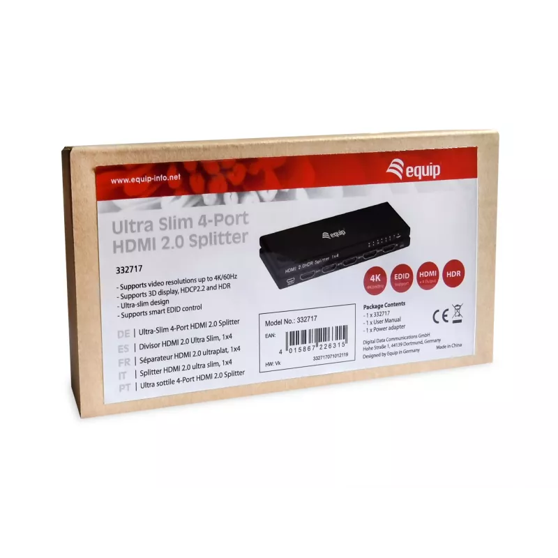 Equip Ultra Slim 4 prievadų HDMI 2.0 skirstytuvas, HDMI, 4x HDMI, 3840 x 2160 pikselių, Juoda, Aliuminis, 4K Ultra HD