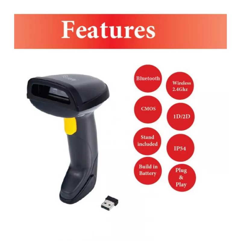 Equip Wireless 2D dviejų režimų brūkšninių kodų skaitytuvas su stovu, 2.4GHz + Bluetooth