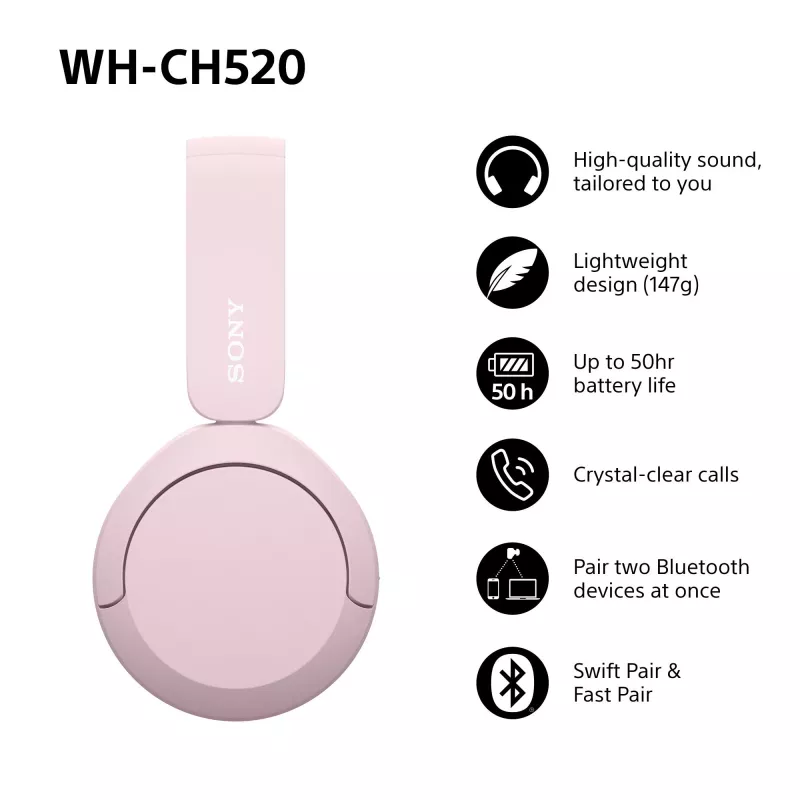 Sony WHCH520P.CE7 belaidės ausinės, rožinės
