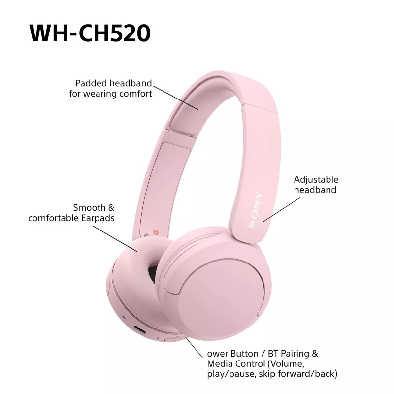 Sony WHCH520P.CE7 belaidės ausinės, rožinės