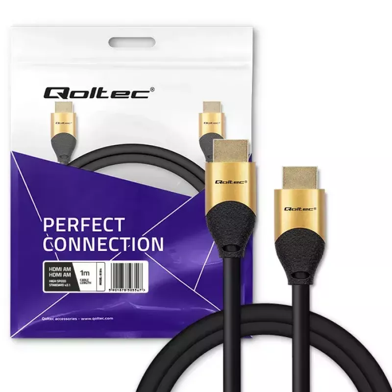 HDMI kabelis QOLTEC 50354 1 m — HDMI A tipo į A, 48 Gbit/s, 7680×4320, 240 Hz, 30AWG, PVC apvalkalas, juodas