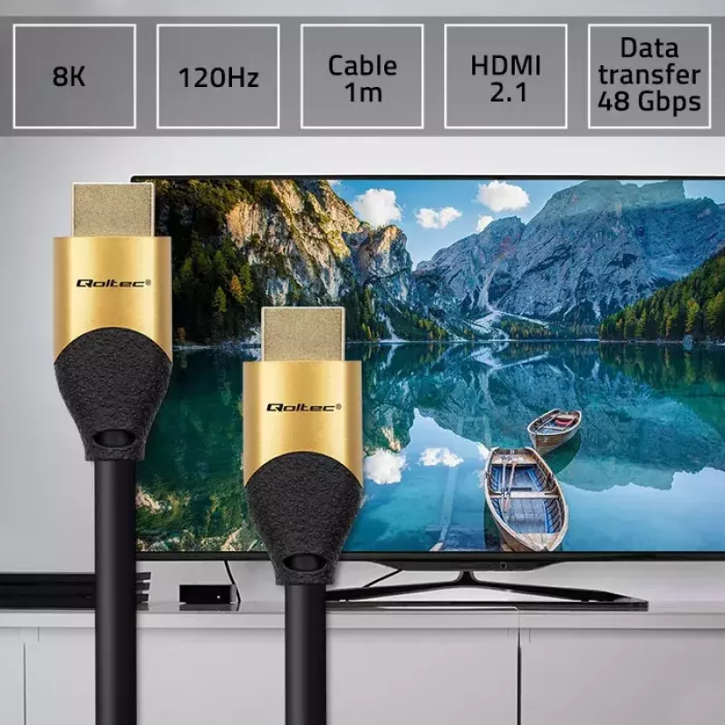 HDMI kabelis QOLTEC 50354 1 m — HDMI A tipo į A, 48 Gbit/s, 7680×4320, 240 Hz, 30AWG, PVC apvalkalas, juodas