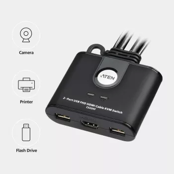ATEN CS22HF 2 prievadų USB FHD HDMI KVM jungiklis, 1920 x 1200 pikselių, Full HD, 1,518 W, juodas