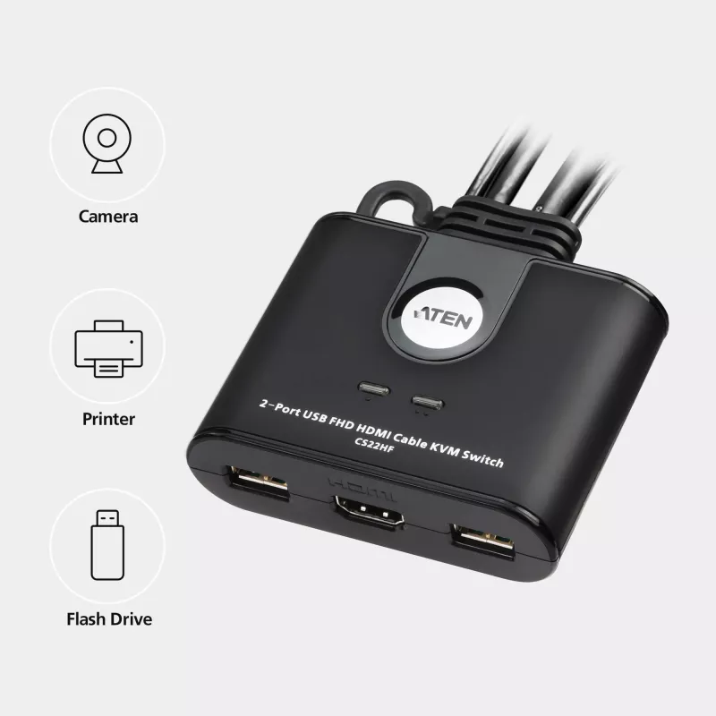 ATEN CS22HF 2 prievadų USB FHD HDMI KVM jungiklis, 1920 x 1200 pikselių, Full HD, 1,518 W, juodas