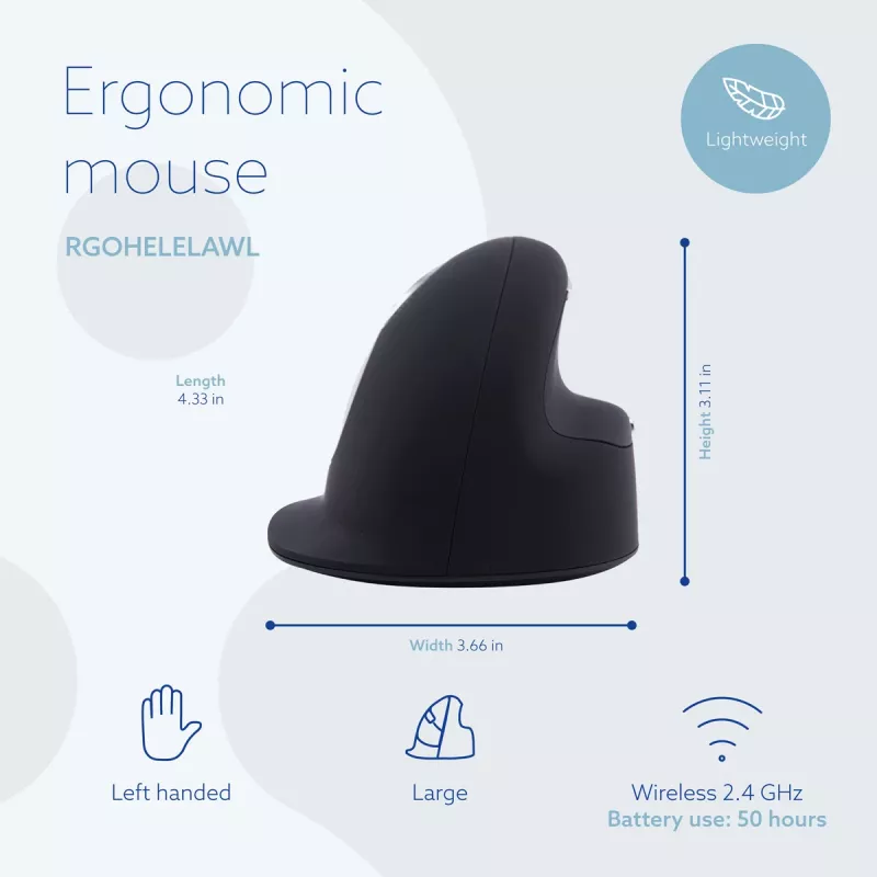 Ergonominė pelė R-Go HE Break su pertraukų programine įranga, didelė (rankos dydis ≥ 185 mm), kairiarankiams, Bluetooth, juoda