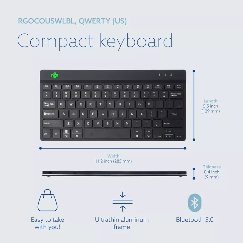 Ergonominė klaviatūra R-Go Compact Break, kompaktiška su pertraukų programine įranga, QWERTY (US), Bluetooth, juoda