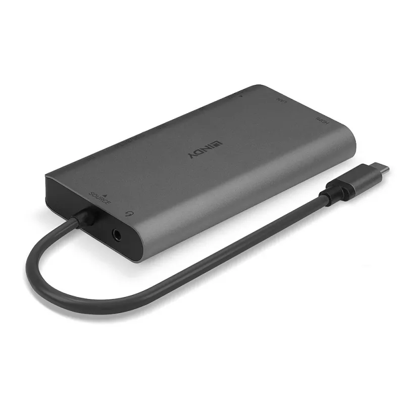 Lindy DST-Mini XT, USB-C nešiojamojo kompiuterio mini dokų stotis su vienu ekranu (4K) arba dviem ekranais (Full HD) ir 100 W įkrovimo perdavimu