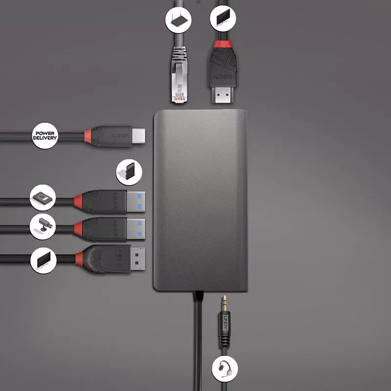 Lindy DST-Mini XT, USB-C nešiojamojo kompiuterio mini dokų stotis su vienu ekranu (4K) arba dviem ekranais (Full HD) ir 100 W įkrovimo perdavimu
