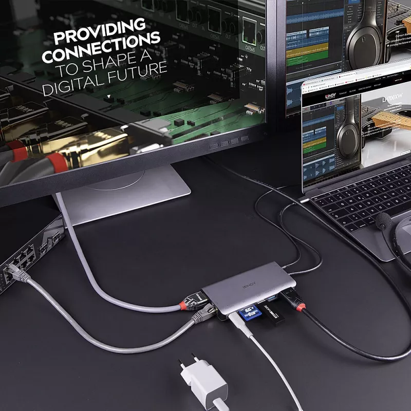 Lindy DST-Mini XT, USB-C nešiojamojo kompiuterio mini dokų stotis su vienu ekranu (4K) arba dviem ekranais (Full HD) ir 100 W įkrovimo perdavimu