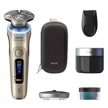 Elektrinis skustuvas Philips i9000 Prestige Ultra XP9403 – 3 galvutės, SkinIQ Pro, šlapiam ir sausam skutimui, baterija, valymo stotelė, auksinis