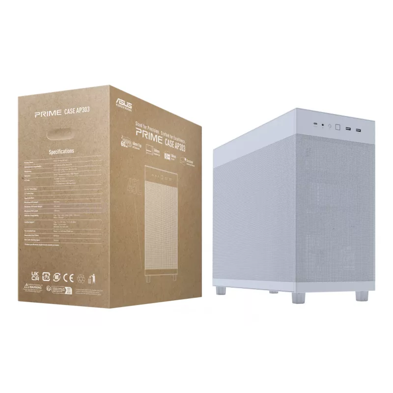 ASUS PRIME AP303 Mesh 90DC00V3-B39000 Midi Tower kompiuterio dėžė, ATX/Micro-ATX, tinklinis skydelis, 2x USB 3.2, be maitinimo bloko, balta