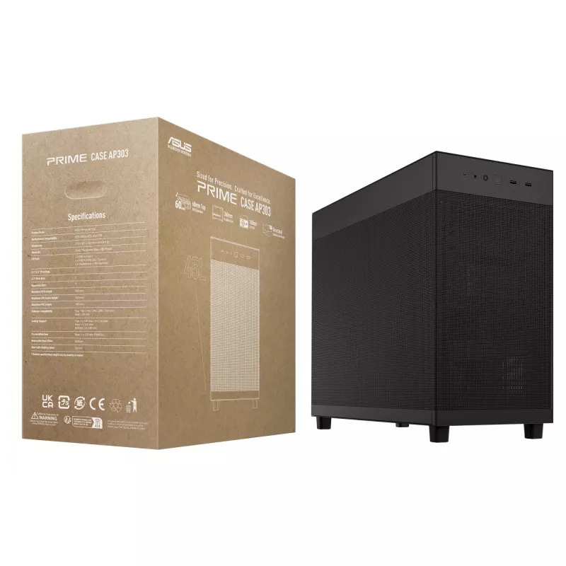 ASUS Prime AP303 Mesh Midi Tower korpusas — ATX, palaiko GPU 36 cm, CPU aušintuvą 165 mm, USB-A 2×, USB-C 1