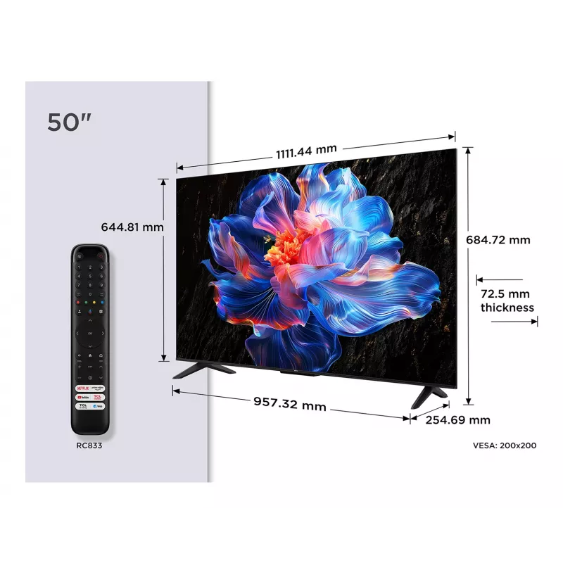LED išmanusis televizorius TCL 50P69K 50 colių (127 cm) 4K Ultra HD, Direct-LED, Google TV, 3840×2160, 60 Hz, PPI 2500, 2 GB RAM, 20 W, HDMI 2.1