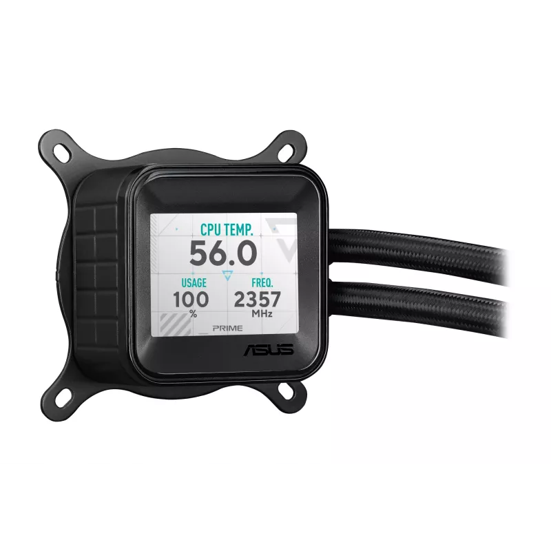 Skysčio aušintuvas ASUS Prime LC 360 ARGB LCD — 360 mm radiatorius, 3x 120 mm ventiliatoriai, LCD, PWM, juodas