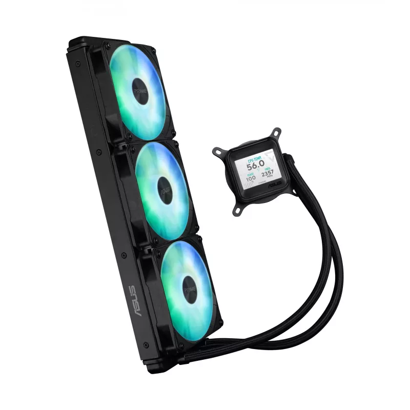 Skysčio aušintuvas ASUS Prime LC 360 ARGB LCD — 360 mm radiatorius, 3x 120 mm ventiliatoriai, LCD, PWM, juodas