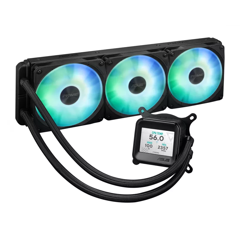 Skysčio aušintuvas ASUS Prime LC 360 ARGB LCD — 360 mm radiatorius, 3x 120 mm ventiliatoriai, LCD, PWM, juodas