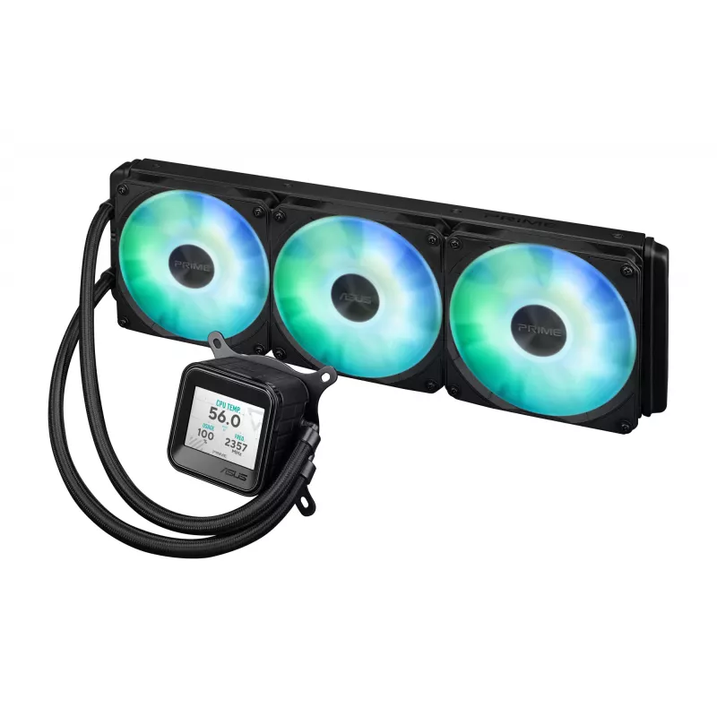 Skysčio aušintuvas ASUS Prime LC 360 ARGB LCD — 360 mm radiatorius, 3x 120 mm ventiliatoriai, LCD, PWM, juodas