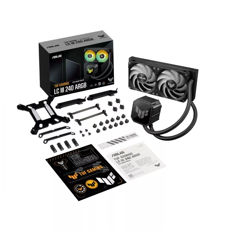 Skysčio aušintuvas ASUS TUF GAMING LC III 240 ARGB — 240 mm radiatorius, 2 x 120 mm ARGB ventiliatoriai, Socket AM5 palaikymas, Juoda